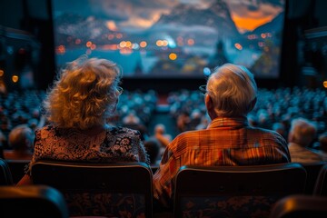 The silhouettes of an aged couple stand out against the illuminated screen as they watch a movie in a cinema