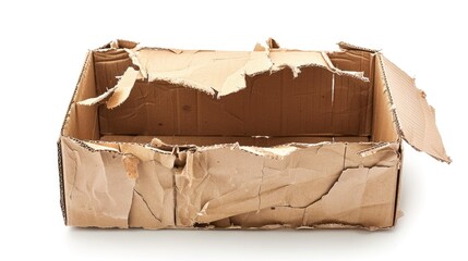 Damaged cardboard box torn and crumpled against white background