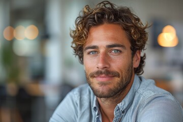 A relaxed man with blue eyes and attractive curly hair in a casual setting with soft background lights