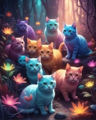 Group of cats in the forest with flowers. Fantasy illustration. Digital painting.