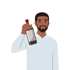 Young black man standing holding bottle of wine offering to his friend. Flat vector illustration isolated on white background