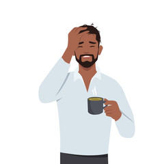 Young man hangover and flu. Sleepy standing with tea cup having headache feeling insomnia cold and fever. Flat vector illustration isolated on white background
