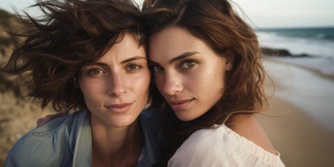 Two young women in love hugging on the beach, close-up portrait of lesbians. Generative AI.