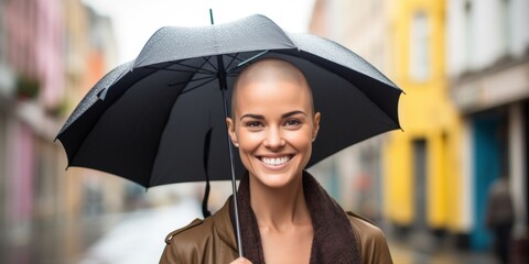 A bald girl with an umbrella in her hands stands on the street in rainy weather, Generative AI.