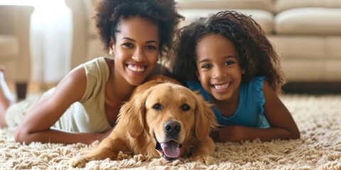 Happy young family playing with a dog on the floor at home. Generative AI.