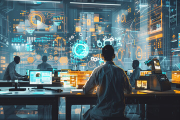 Bustling innovation lab. Brainstorming, 3D printing, coding. Modern, collaborative space.