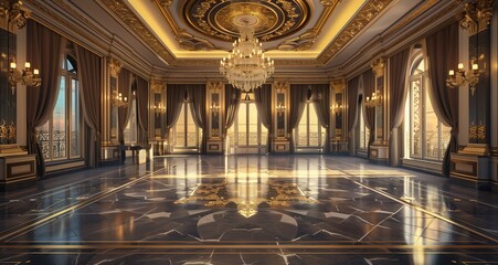 Art Deco 3D render opulent ballroom with gold accents