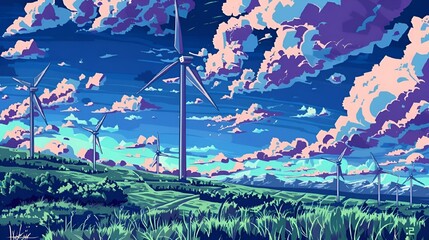 AI generated illustration of wind turbines stand among grass under a clear blue sky
