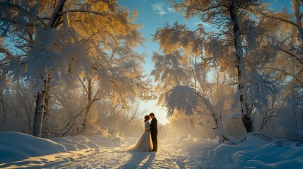 Winter Serenity: Embracing Couple in Snowy Landscape, generative ai