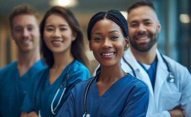 Picture of a group of doctors gathered at the hospital. Group of health professionals gather to receive good treatment The team consists of doctors, nurses, and patients.	
