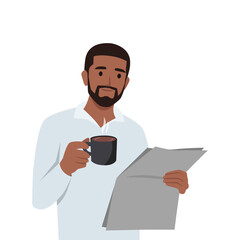 Young black man reading newspaper while having coffee. Flat vector illustration isolated on white background