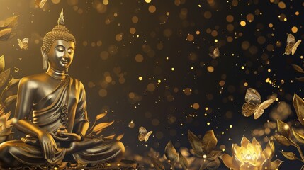 Obraz premium Golden Buddha Statue Surrounded by Butterflies