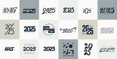 Trend collection of 2025 number design template. 2025 symbols New Year logo text design. Set of Christmas 2025 Happy New Year. Vector illustration black labels isolated on colored pastel background.