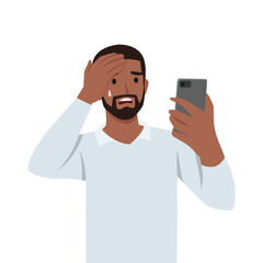 Young man texting using smart phone, stressed with hand on head, shocked, surprise face. Flat vector illustration isolated on white background