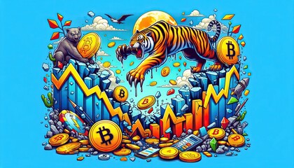 A bear and a tiger amidst a dynamic scene of crumbling buildings and flying papers with Bitcoin symbols