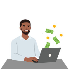 Young man Work from home concept. Young happy man making money on internet. Flat vector illustration isolated on white background