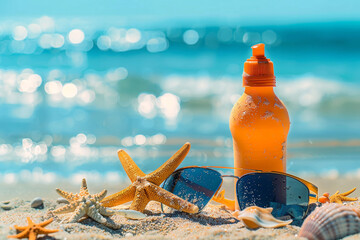 Sunscreen bottle, shell, starfish and sunglasses lie on sand on beach by sea. Summer background