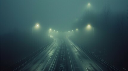 Ghostly streetlights on a misty road, generative ai