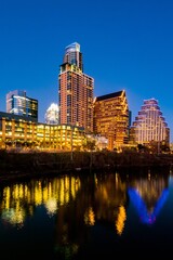 Urban Reflection: 4K Photo of Downtown Austin Skyline Mirrored in Water