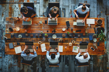 Team of business people working in modern office on collaborative desks views from top down.