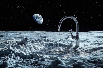 Flowing water tap on lunar surface, environmental protection, large text space, pristine background