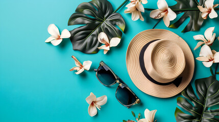 summertime illustration with a hat, sunglasses and hawaiian flowers on blue background. Vacation concept with copy space for commercials
