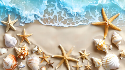 Fototapeta na wymiar summertime illustration on the shore of a paradise beach with shells and starfish. Vacation concept with copy space for commercials