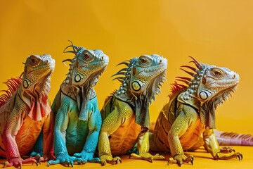 Iguanas in a group, vibrant bright fashionable outfits isolated on solid background advertisement, copy text space, AI-generated