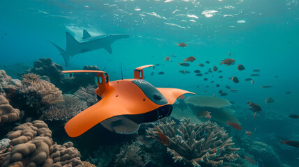 An autonomous underwater vehicle surveys a coral reef teeming with marine life, including a passing shark, in the ocean depths.
