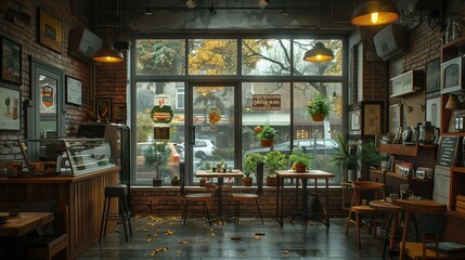 Fototapeta na wymiar Rainy Day Retreat: Cozy Coffee Shop Interior, generative ai