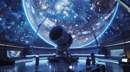 Inside a high-tech planetarium, an interactive telescope exhibit offers visitors an immersive experience of the cosmos.
 - obrazy, fototapety, plakaty