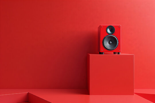 Red speaker, white listeners on cube, minimalist style, wide text area, background spotless