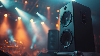 Sound system at concert, black speaker on stand, wide text area, clean scene