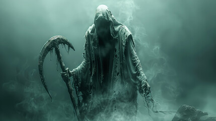 Ethereal reaper in mist. A haunting figure shrouded in fog with a scythe.