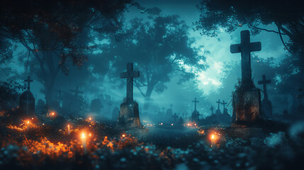 Spooky glowing tombstones, graveyard at night, wide text area, background clean, ethereal