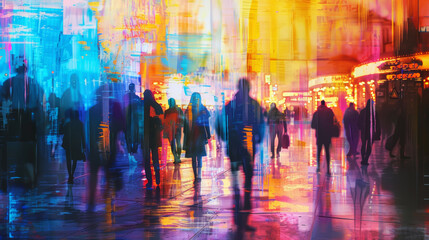Colorful abstract depiction of bustling city life with motion-blurred figures and vibrant street lights.
