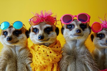 Meerkat in a group, vibrant bright fashionable outfits isolated on solid background advertisement, copy text space. party  invitation banner, AI generated