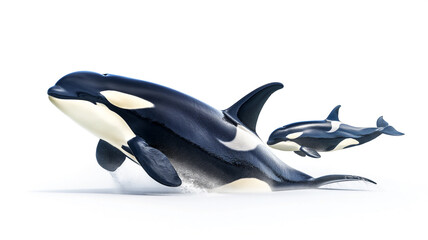 Two orcas leaping, one behind the other, against a white background.