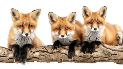 Three red foxes perched over a log, gazing forward with a white background.
