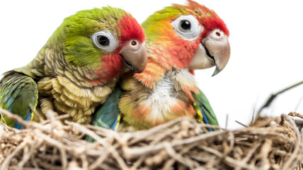 Two colorful parrots nestled close together in a nest, with a white background.