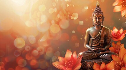 Buddha Statue Sitting on Top of Lotus Flower - obrazy, fototapety, plakaty