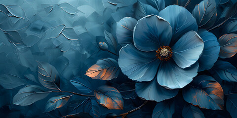 Serene Cyan Flower Amidst Grey Leaves and Contemporary Patterns