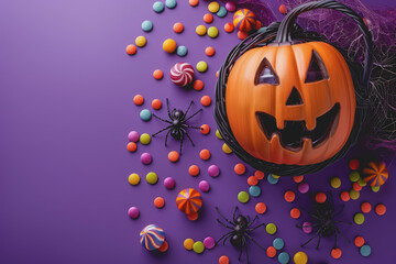 Halloween decorations pumpkin basket with candies and spiders on isolated violet background.