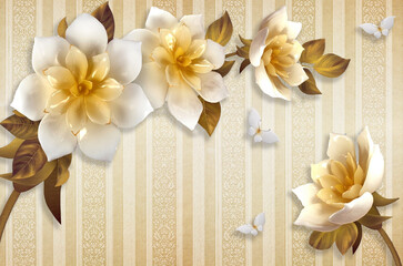 3d picture of a golden tree with white flower beautiful design background
