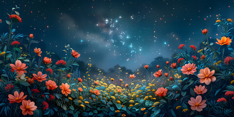 Fototapeta na wymiar Enchanting Starry Night Garden: A Symphony of Blossoms and Celestial Beauty