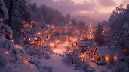 Foto op Canvas Cozy Snow-Covered Village Scene, generative ai © Matus