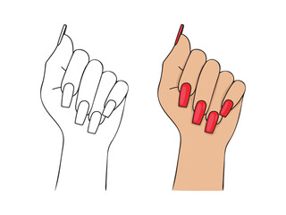 square nail design vector sketch coloring book. female wrist with square manicure design vector.  