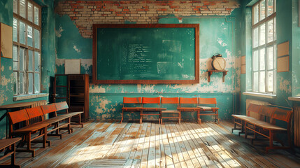 A shabby and abandoned school classroom. The topic is the crisis of school education in poor countries.