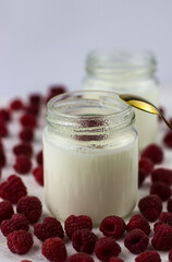 Side view of the apetite healthy yogurt. Homemade yogurt with raspberries