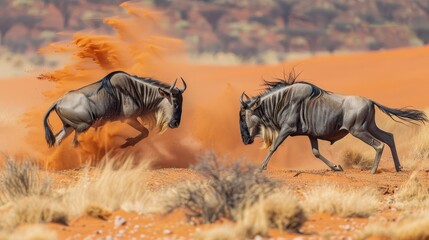 Blue wildebeests engaged in combat in the arid red sand of the Kalahari desert Fighting blue wildebeests - obrazy, fototapety, plakaty